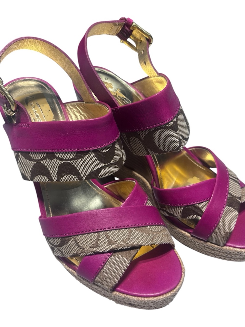Coach Fuchsia Signature Canvas Wedge Sandals